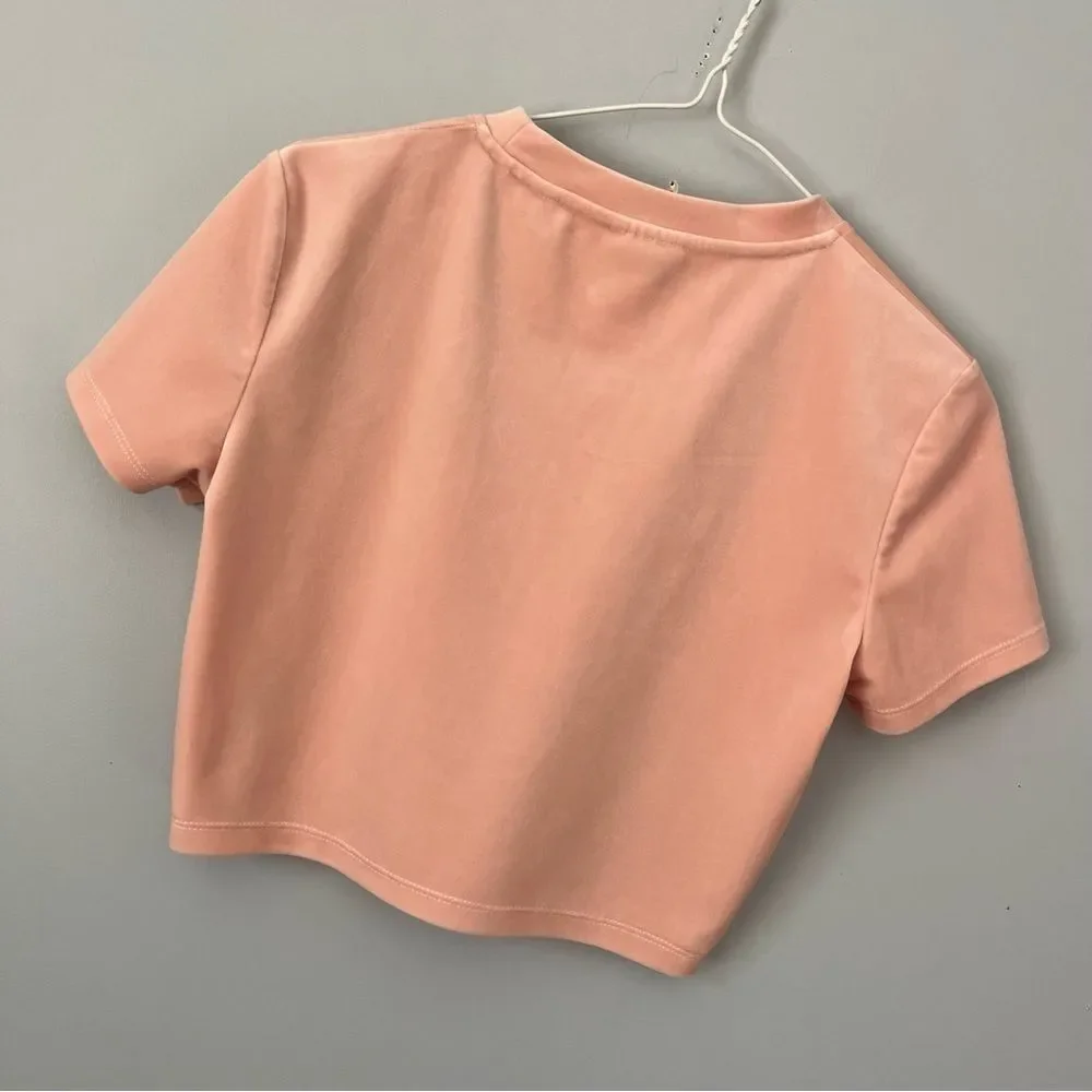 Guess Rhinestone Front Logo Powder Pink Velour Cropped Short Sleeve Shirt Size S